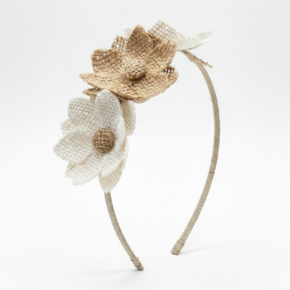 Cerchietto gros grain con fiori in juta