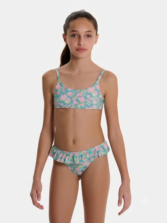 Costume bikini bimba Fiori verdi e rosa Liberty