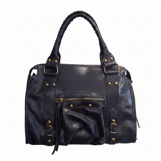 Borsa Media Bag pelle graffiata blu notte