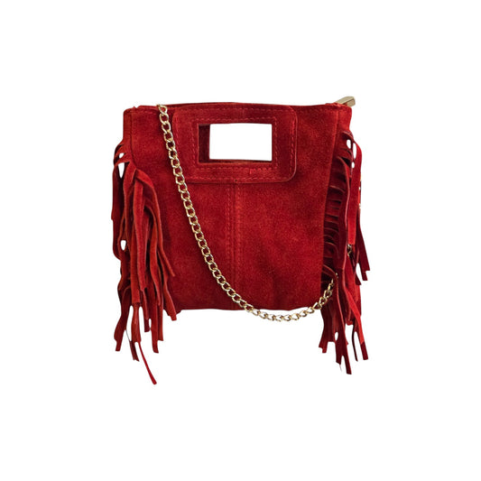 Borsa mini Suede con frange tracolla catena scamosciata rosso