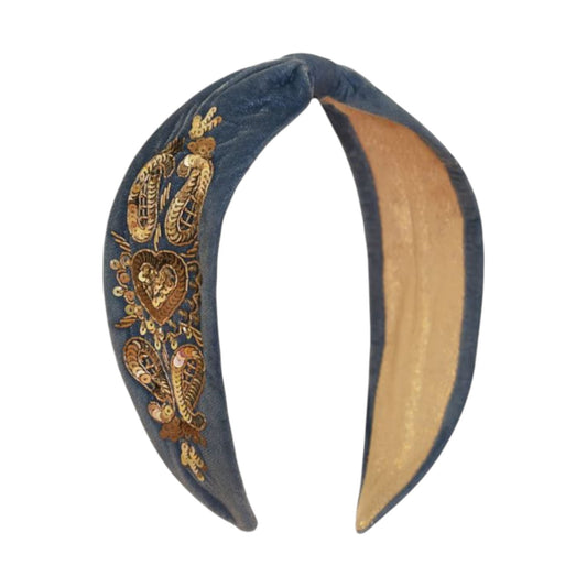 Cerchietto a fascia velluto azzurro tema Floreale