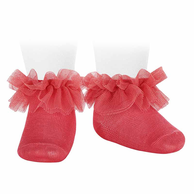Calzini corti corallo con bordo in tulle